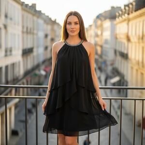 SL Fashions Rhinestone Neck Black Chiffon Dress 20W